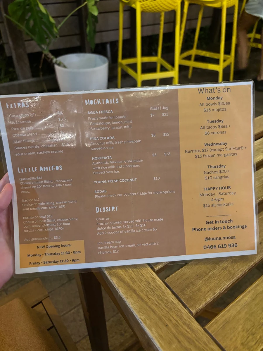 Menu, Luuna Mexican Cantina