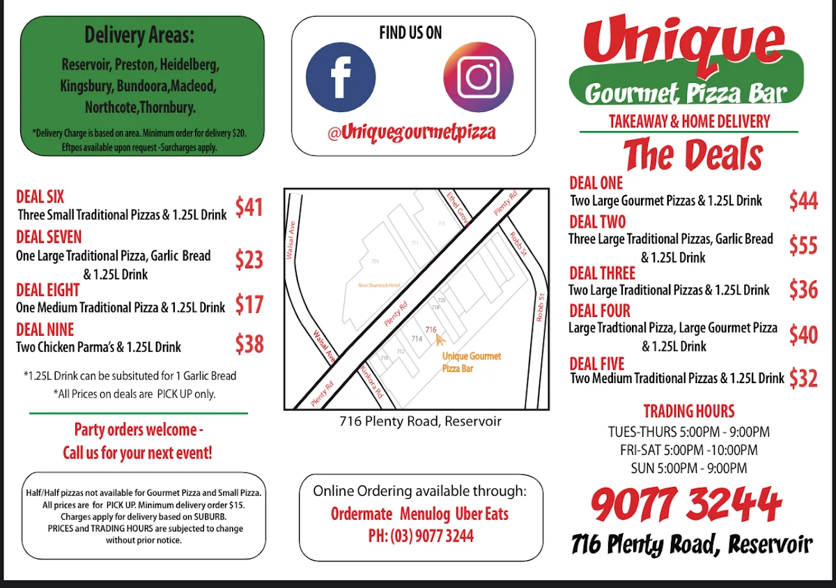 Menu, Unique Gourmet Pizza Bar
