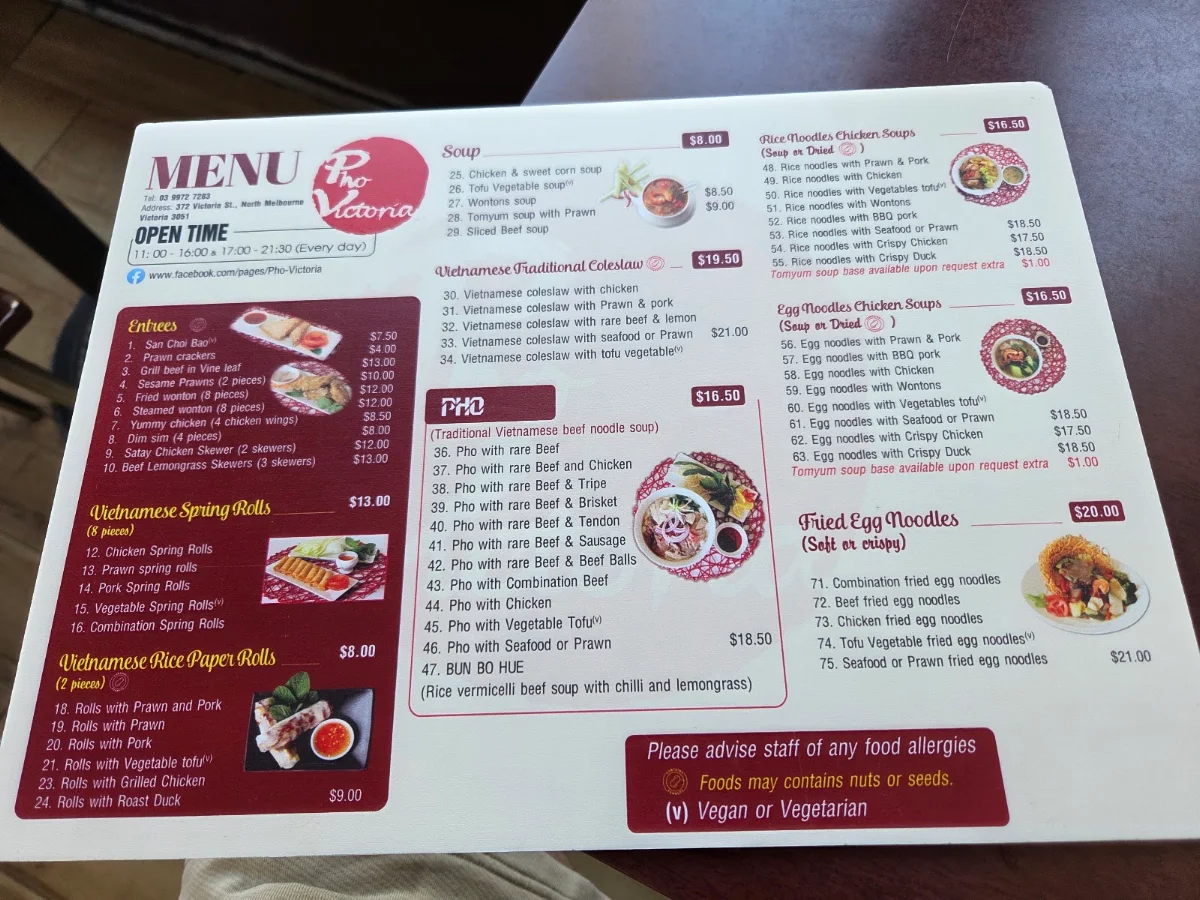 Menu, Pho Victoria