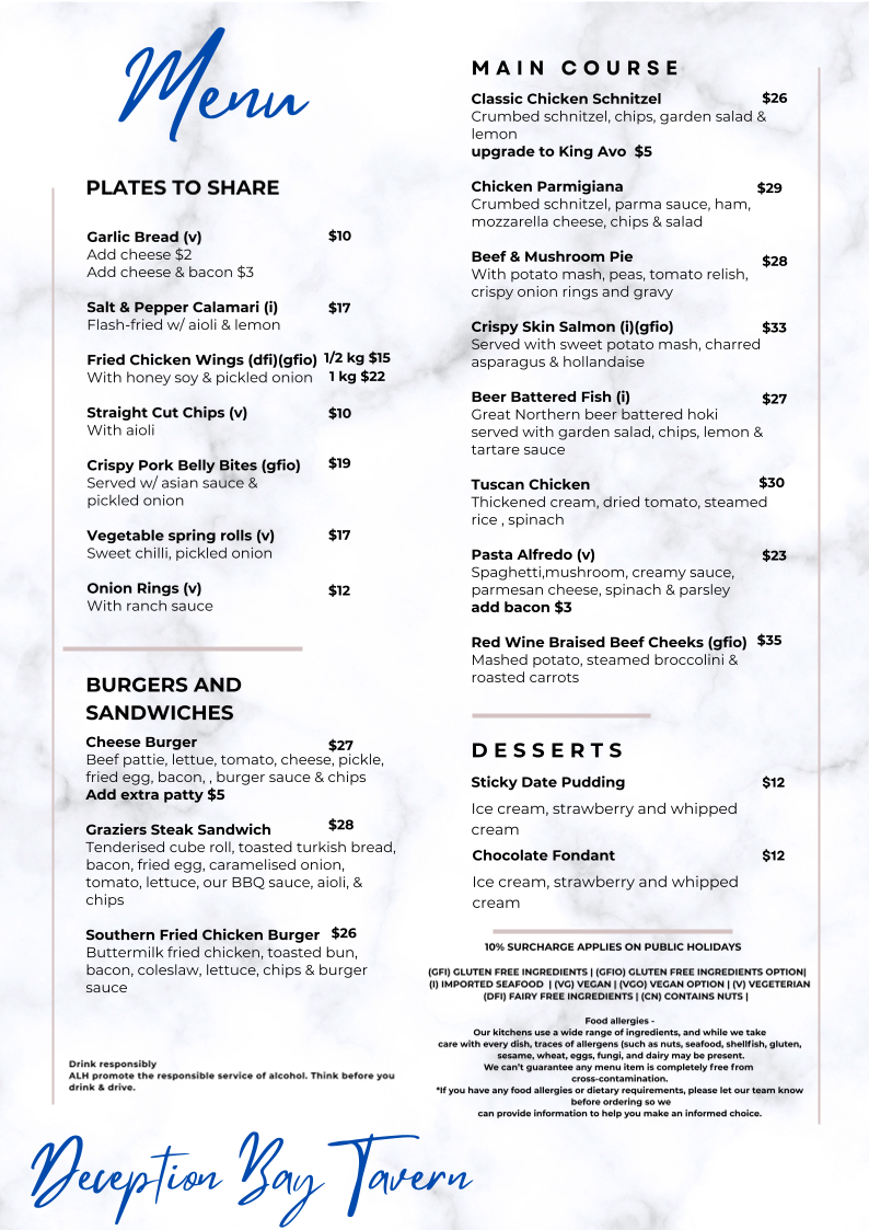 Menu, Deception Bay Tavern
