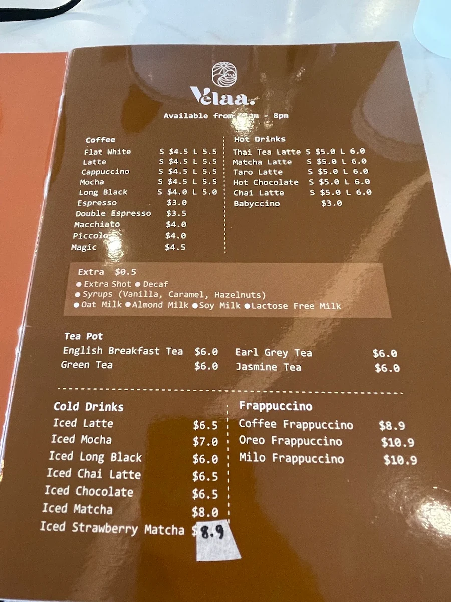 Menu, Velaa Cafe