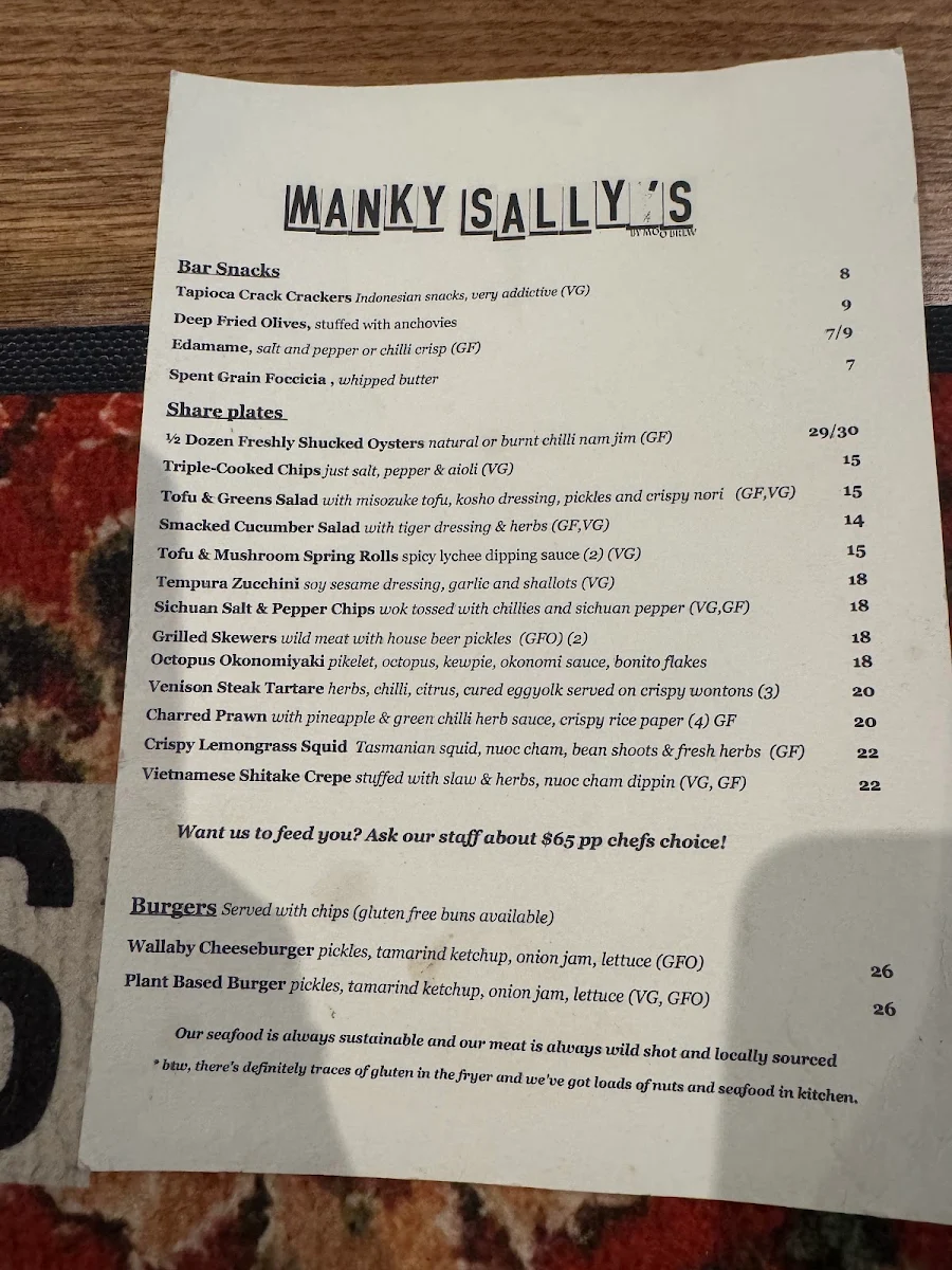 Menu, Manky Sally's