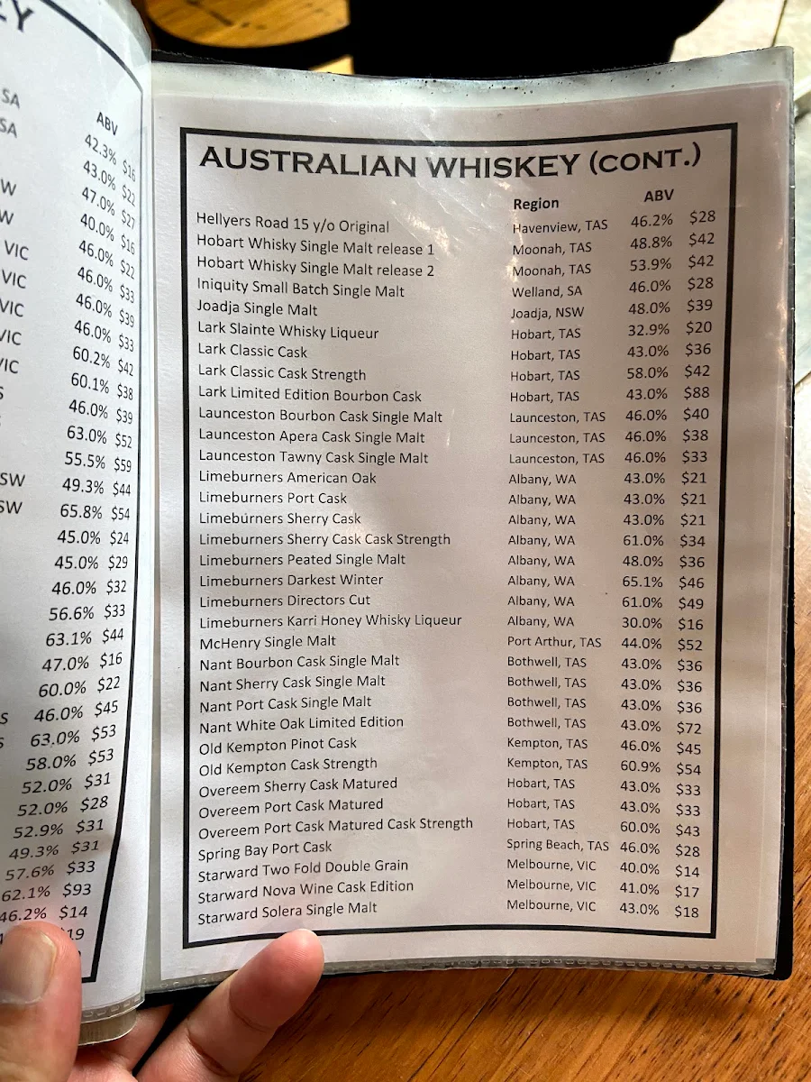 Menu, Whisky Den