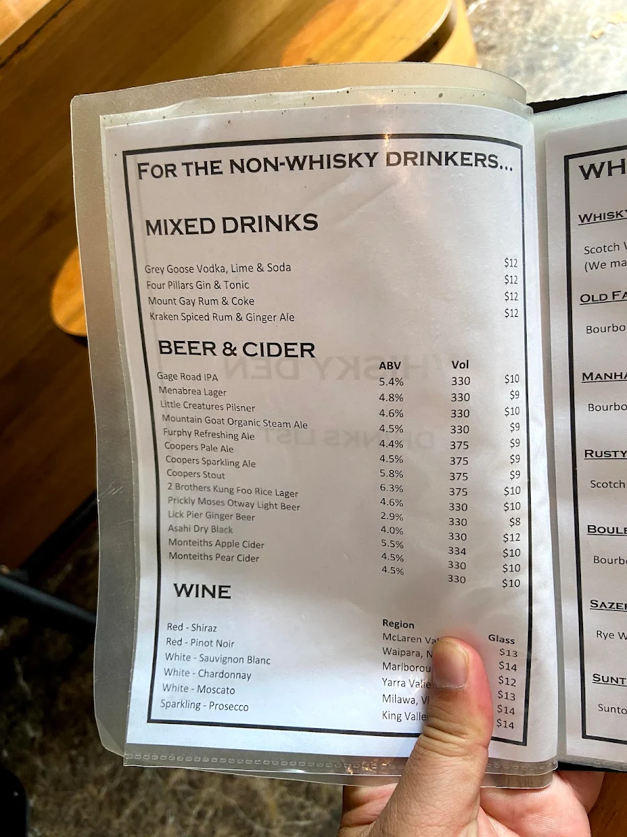 Menu, Whisky Den