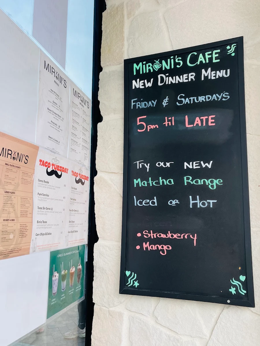 Menu, Mirani's cafe