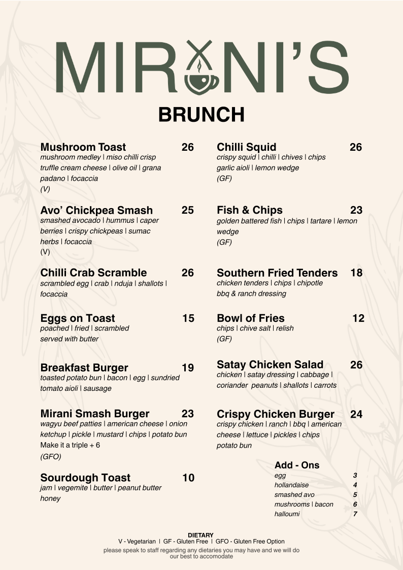 Menu, Mirani's cafe
