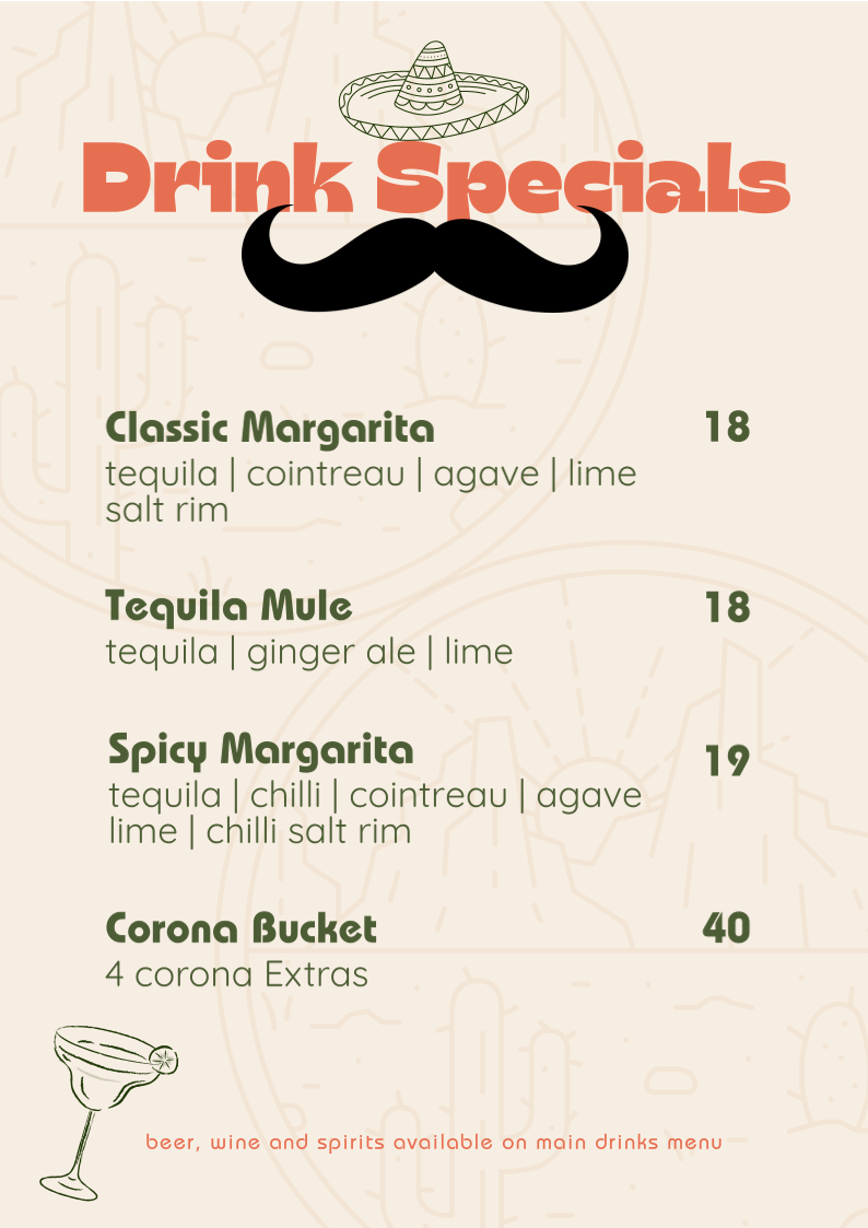 Menu, Mirani's cafe