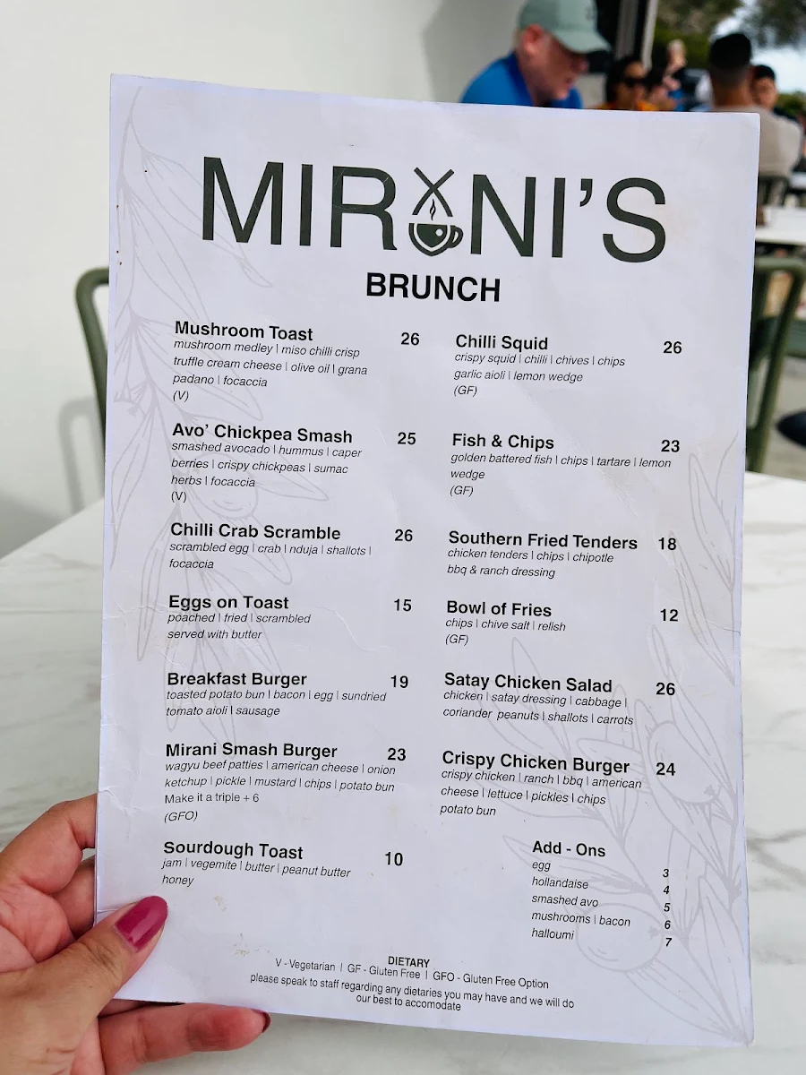 Menu, Mirani's cafe
