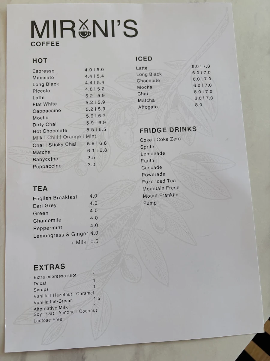 Menu, Mirani's cafe