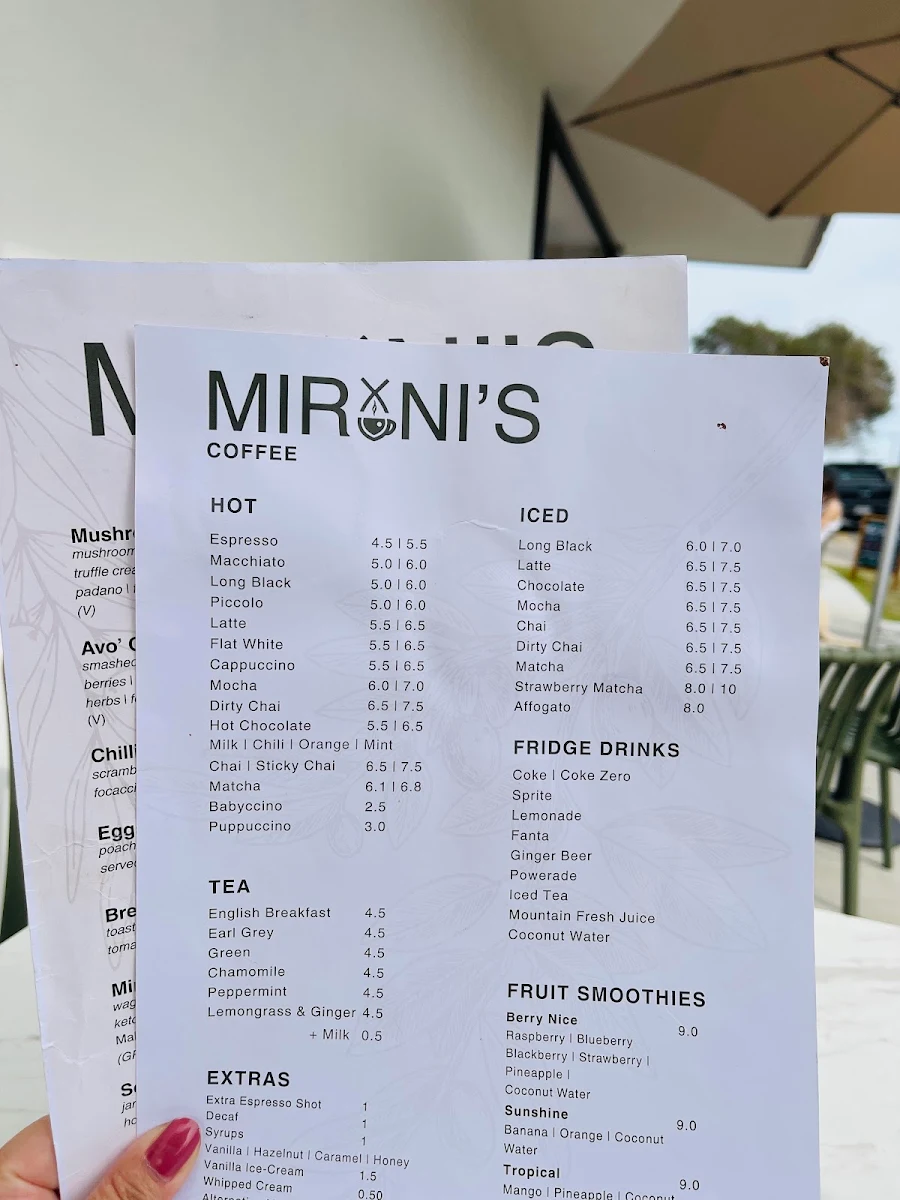 Menu, Mirani's cafe