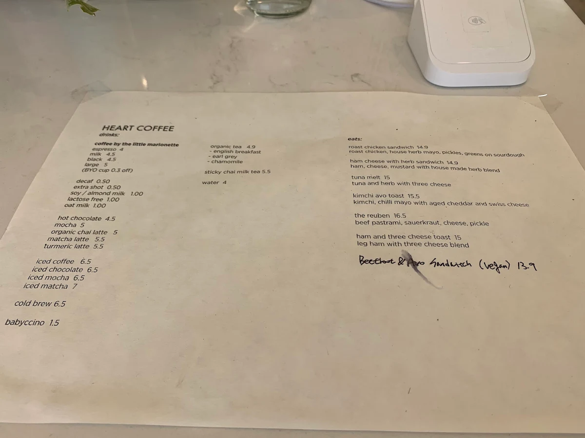 Menu, Heart Coffee