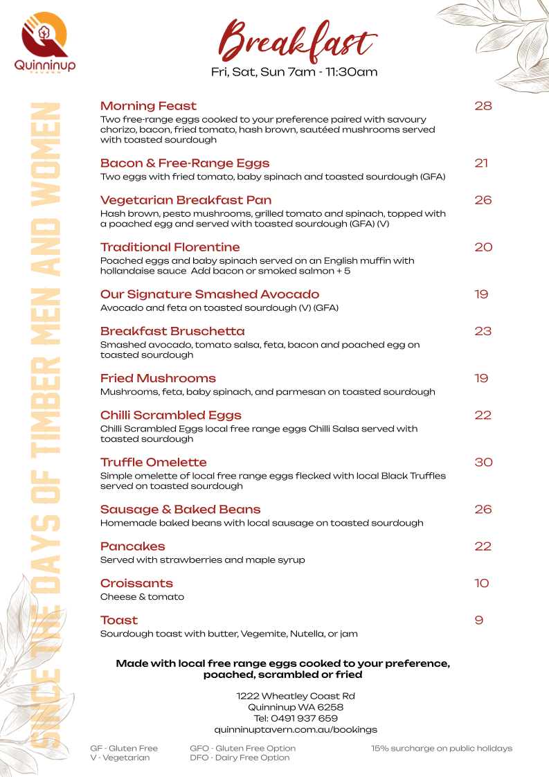 Menu, Quinninup Tavern