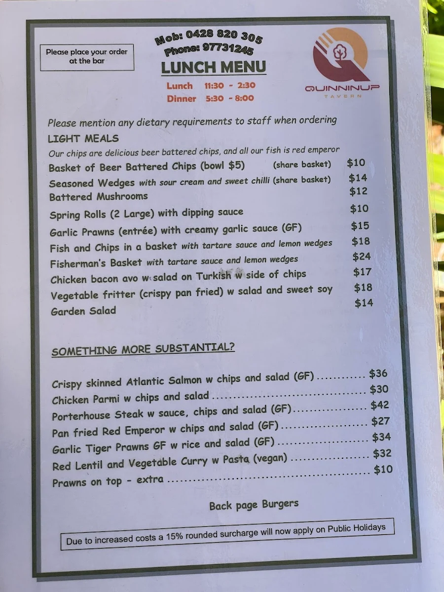 Menu, Quinninup Tavern