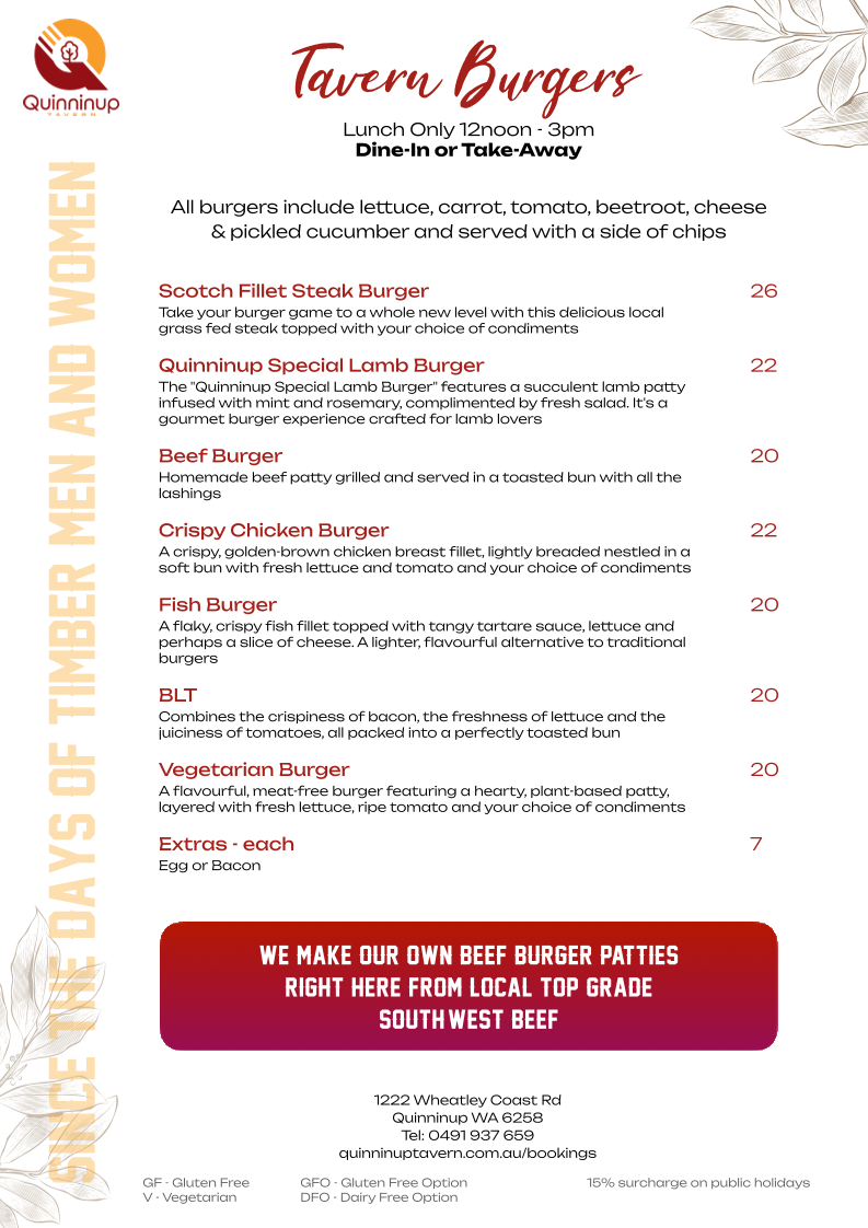 Menu, Quinninup Tavern