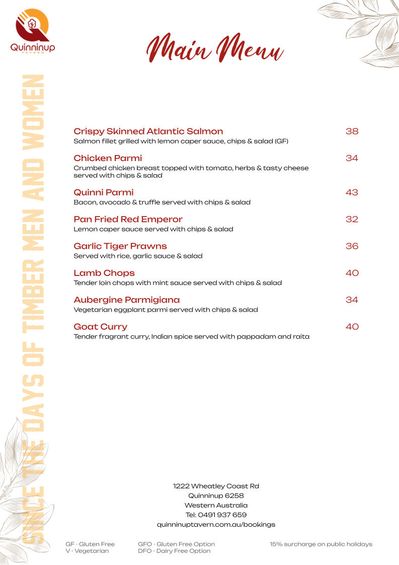 Menu, Quinninup Tavern