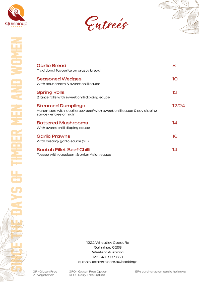 Menu, Quinninup Tavern