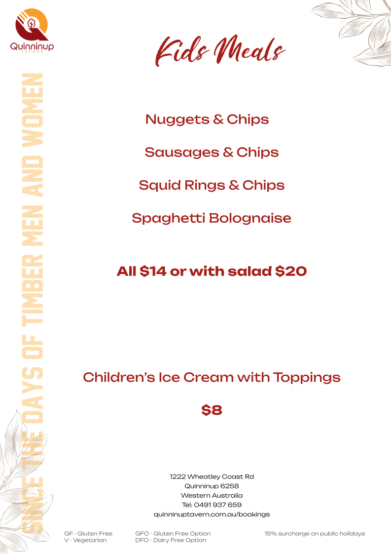 Menu, Quinninup Tavern
