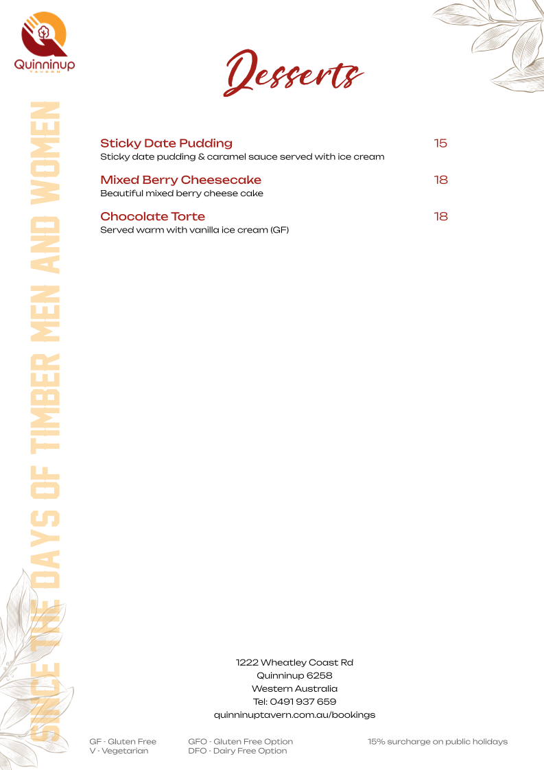 Menu, Quinninup Tavern