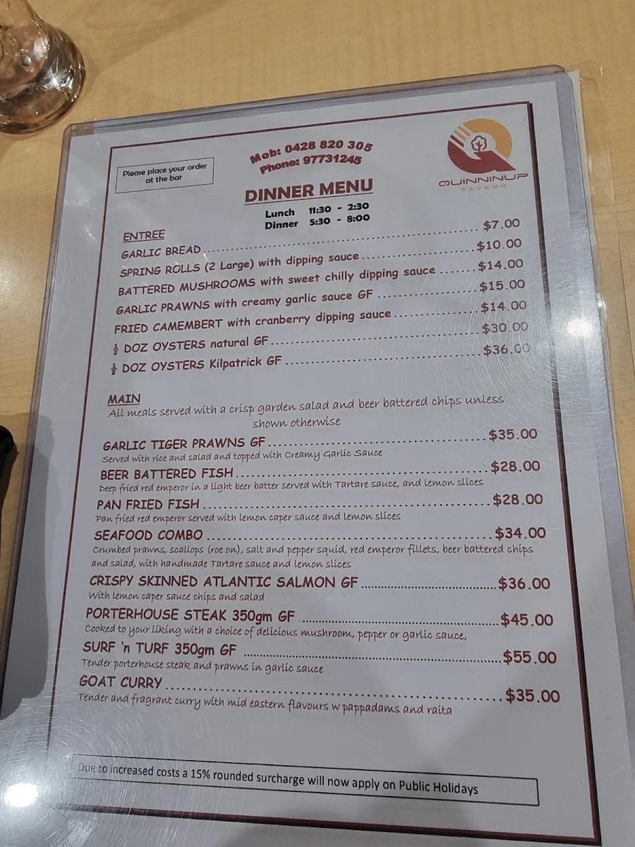 Menu, Quinninup Tavern