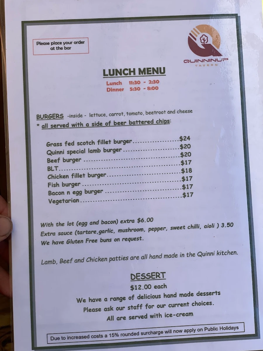 Menu, Quinninup Tavern