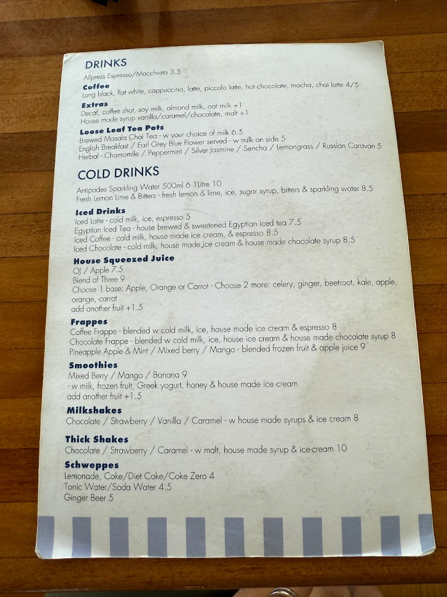 Menu, The Marina Cafe