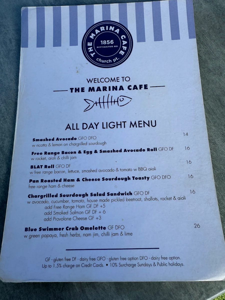 Menu, The Marina Cafe