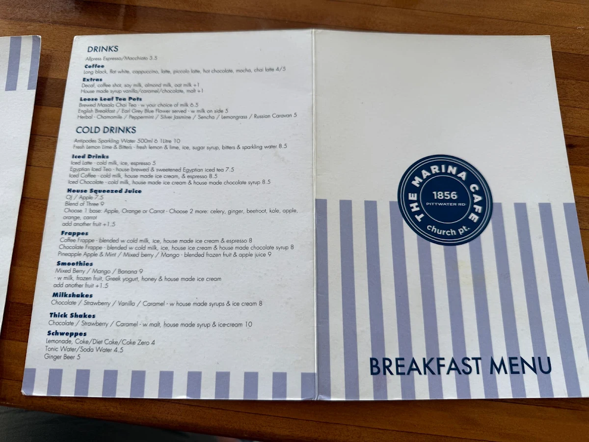 Menu, The Marina Cafe