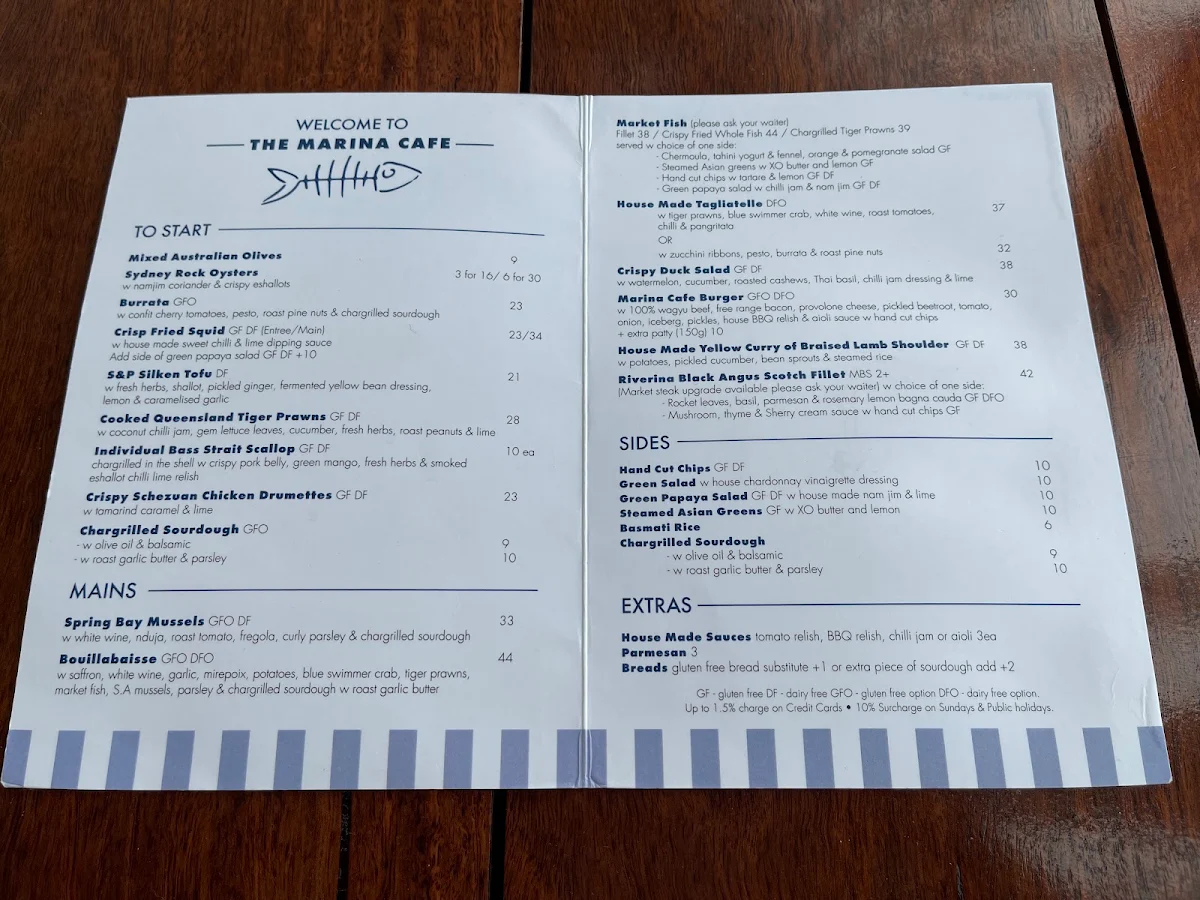 Menu, The Marina Cafe