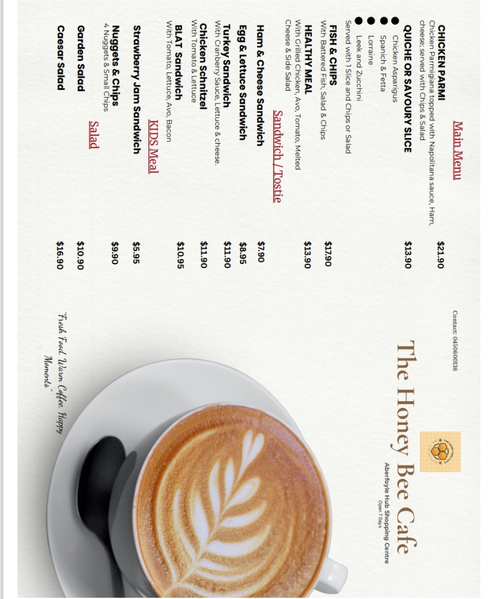 Menu, The Honey Bee Cafe