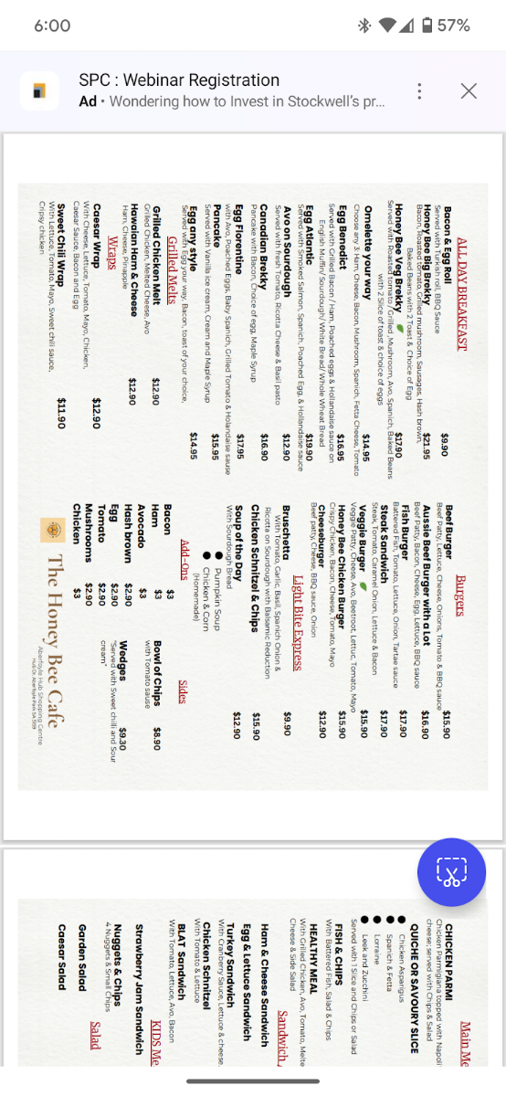 Menu, The Honey Bee Cafe