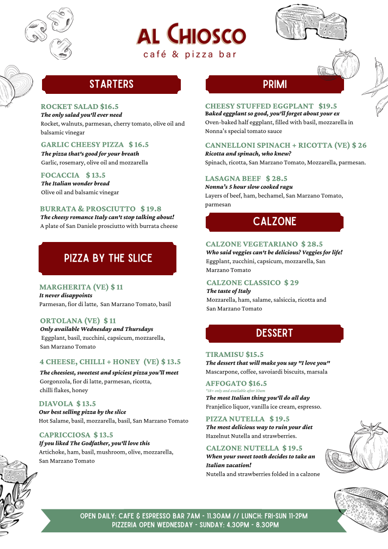 Menu, al Chiosco Pizzeria & Café