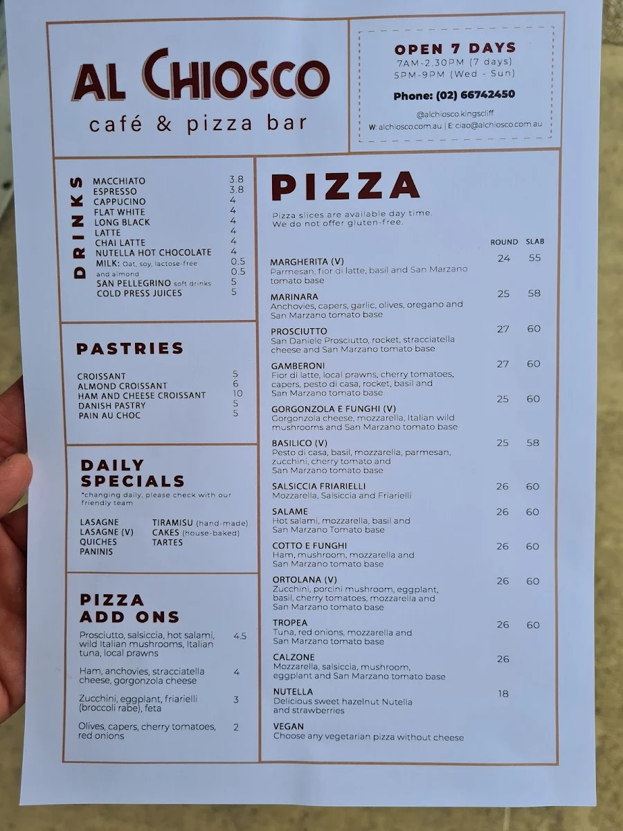 Menu, al Chiosco Pizzeria & Café