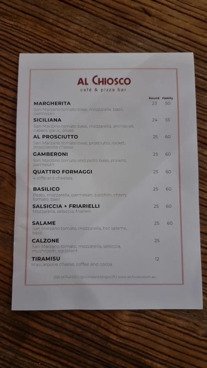 Menu, al Chiosco Pizzeria & Café