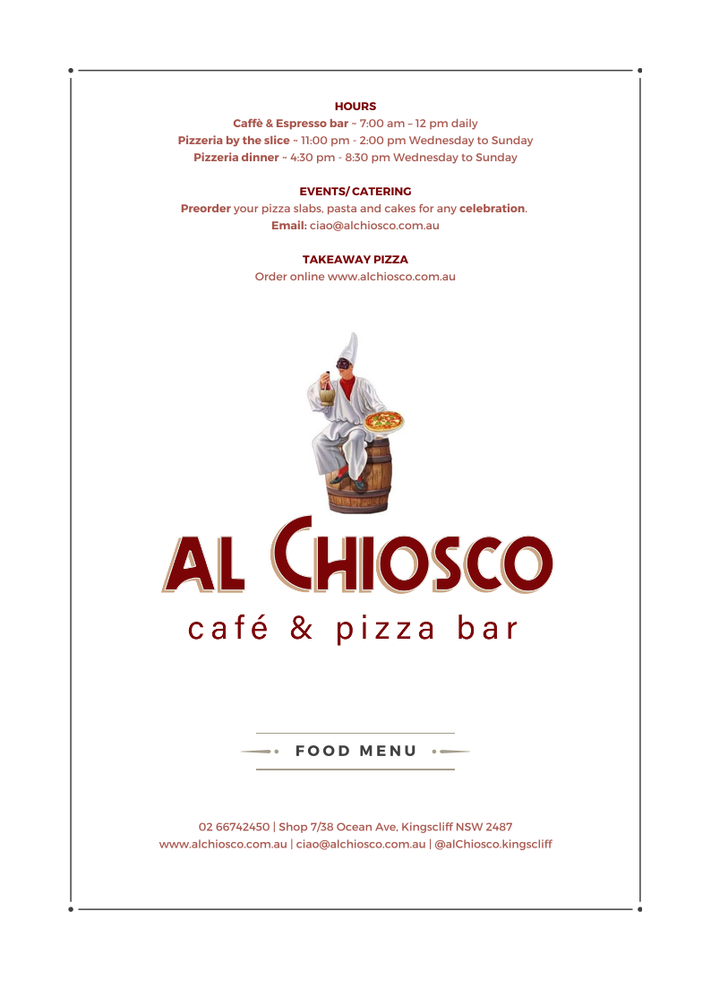 Menu, al Chiosco Pizzeria & Café