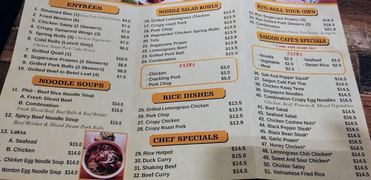 Menu, Saigon Cafe
