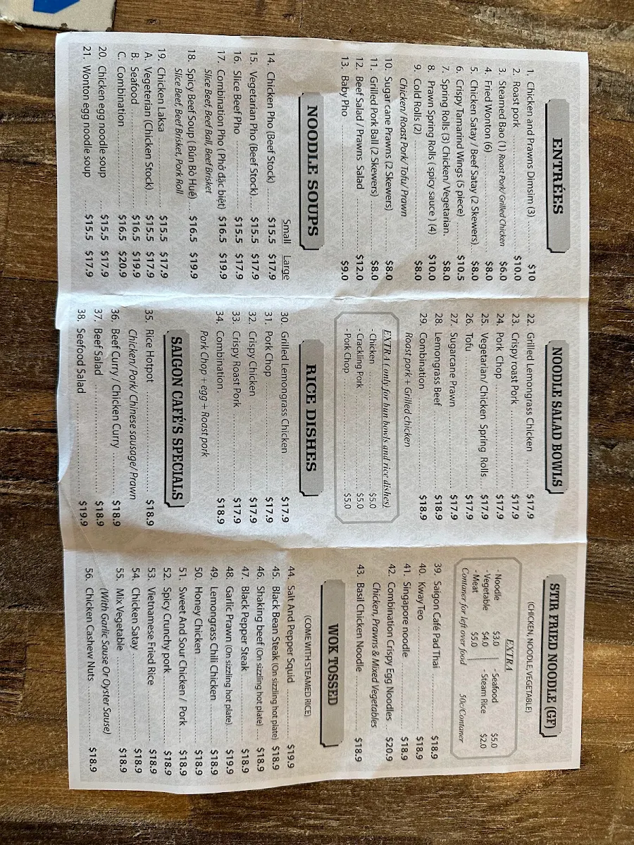 Menu, Saigon Cafe