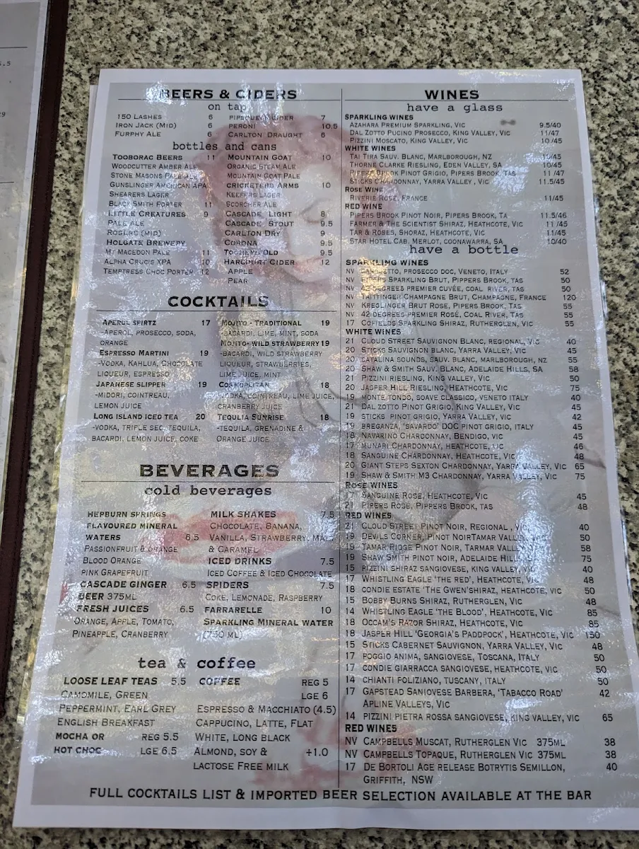 Menu, Star Hotel Echuca