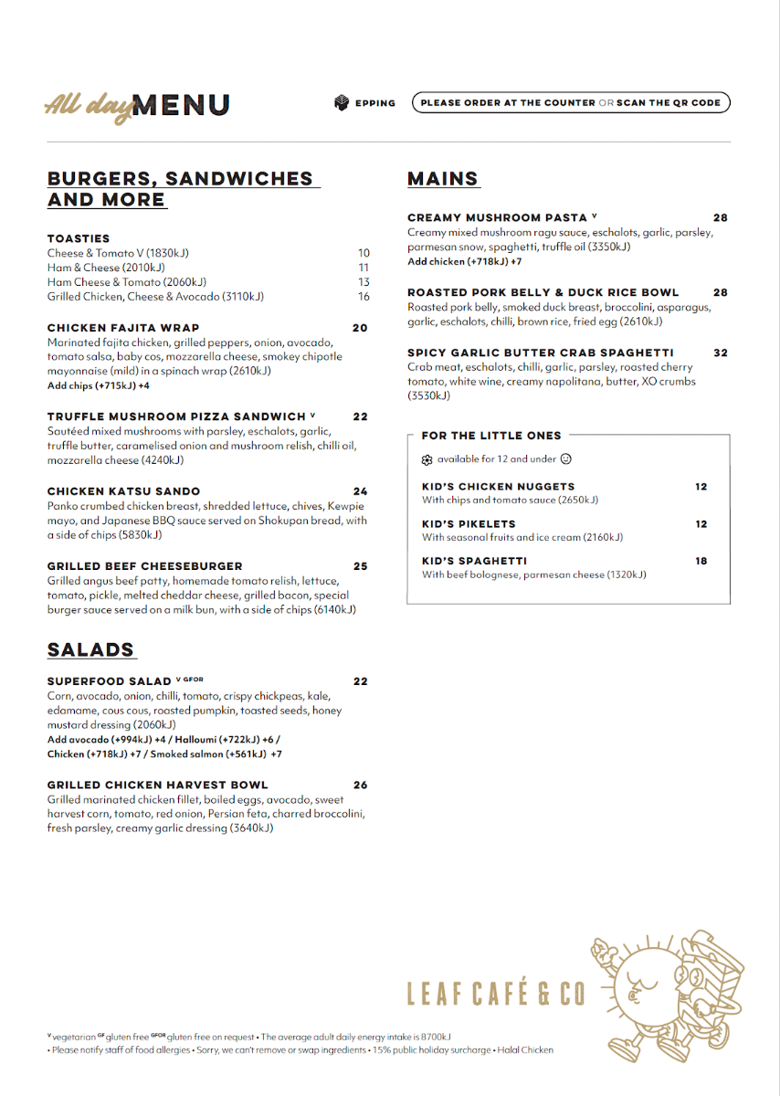 Menu, Leaf Cafe & Co Epping