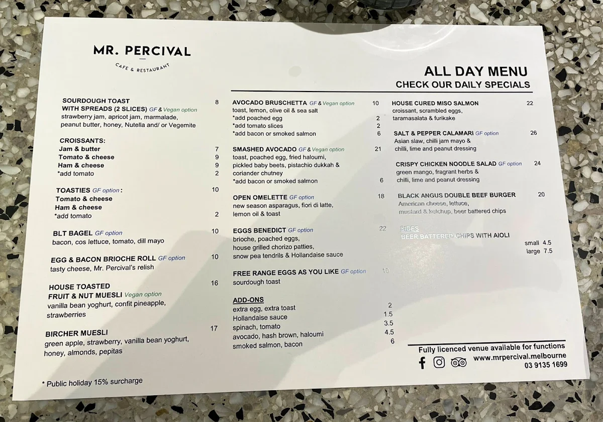 Menu, Mr.Percival Cafe & Restaurant