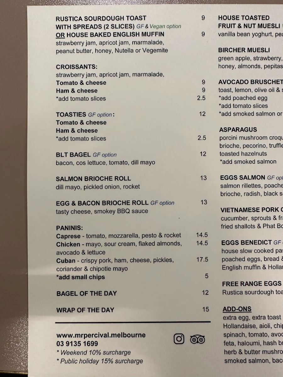 Menu, Mr.Percival Cafe & Restaurant