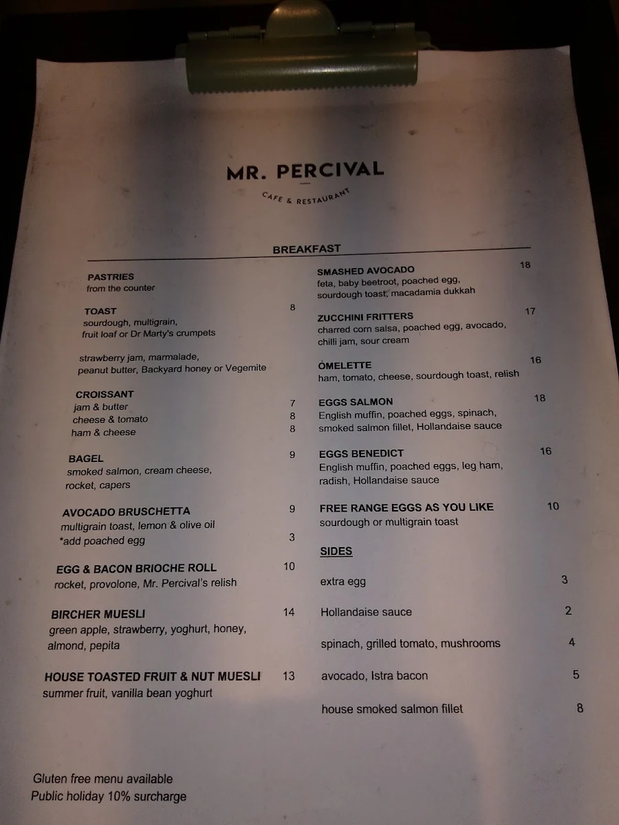 Menu, Mr.Percival Cafe & Restaurant