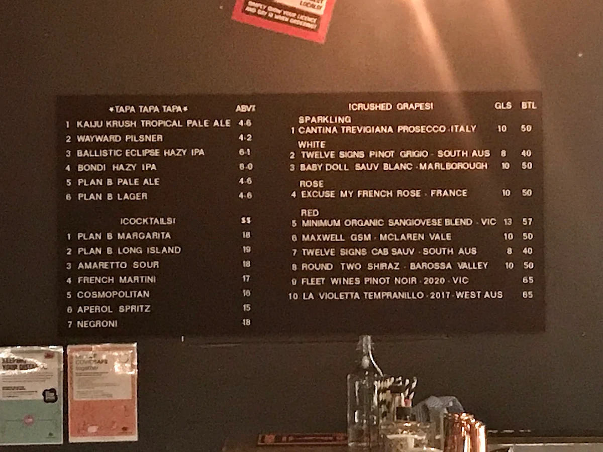 Menu, Plan B Burgers & Booze