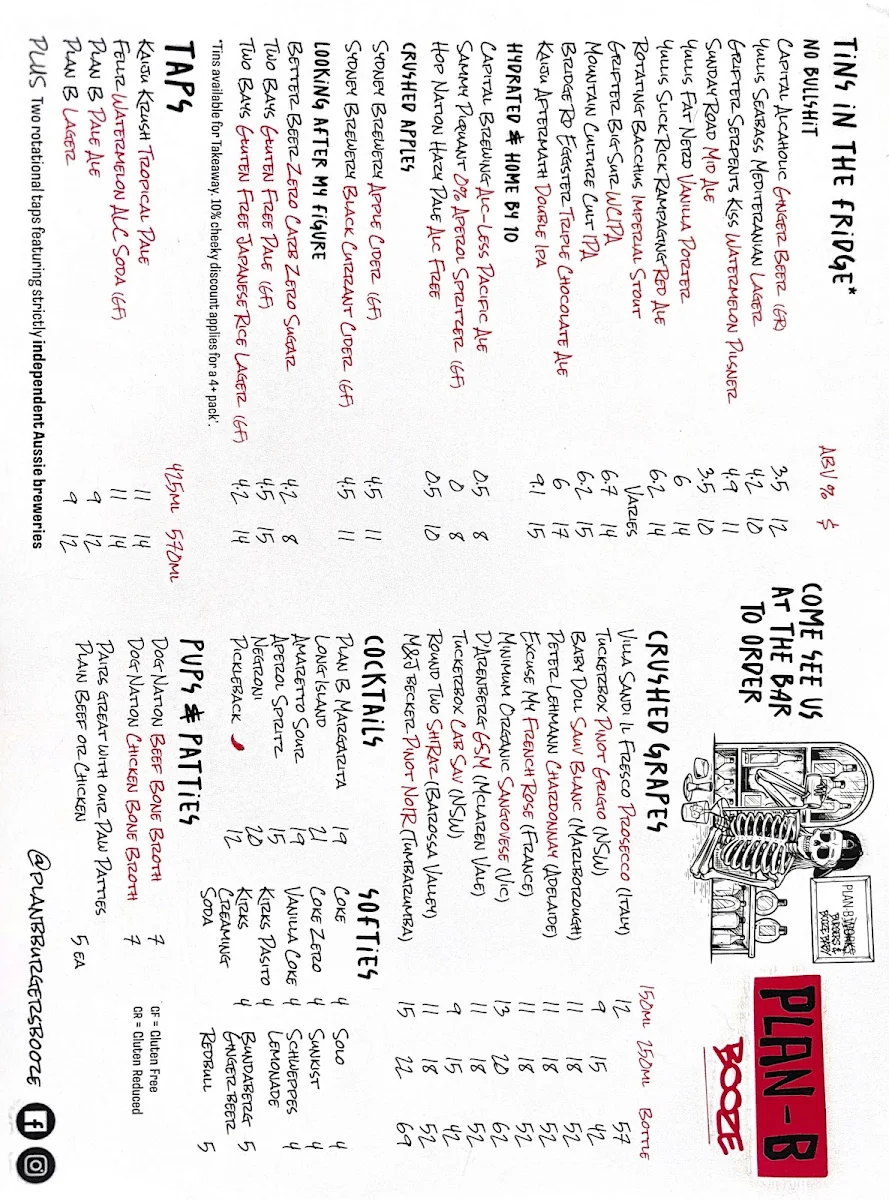 Menu, Plan B Burgers & Booze