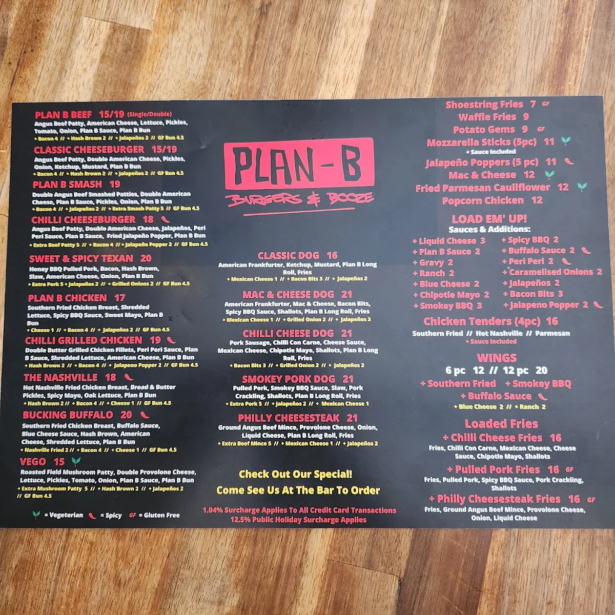Menu, Plan B Burgers & Booze