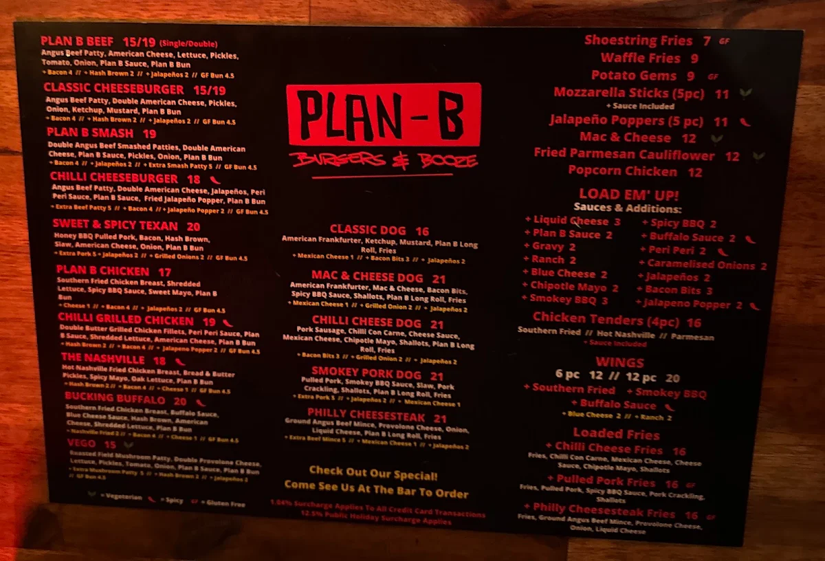 Menu, Plan B Burgers & Booze