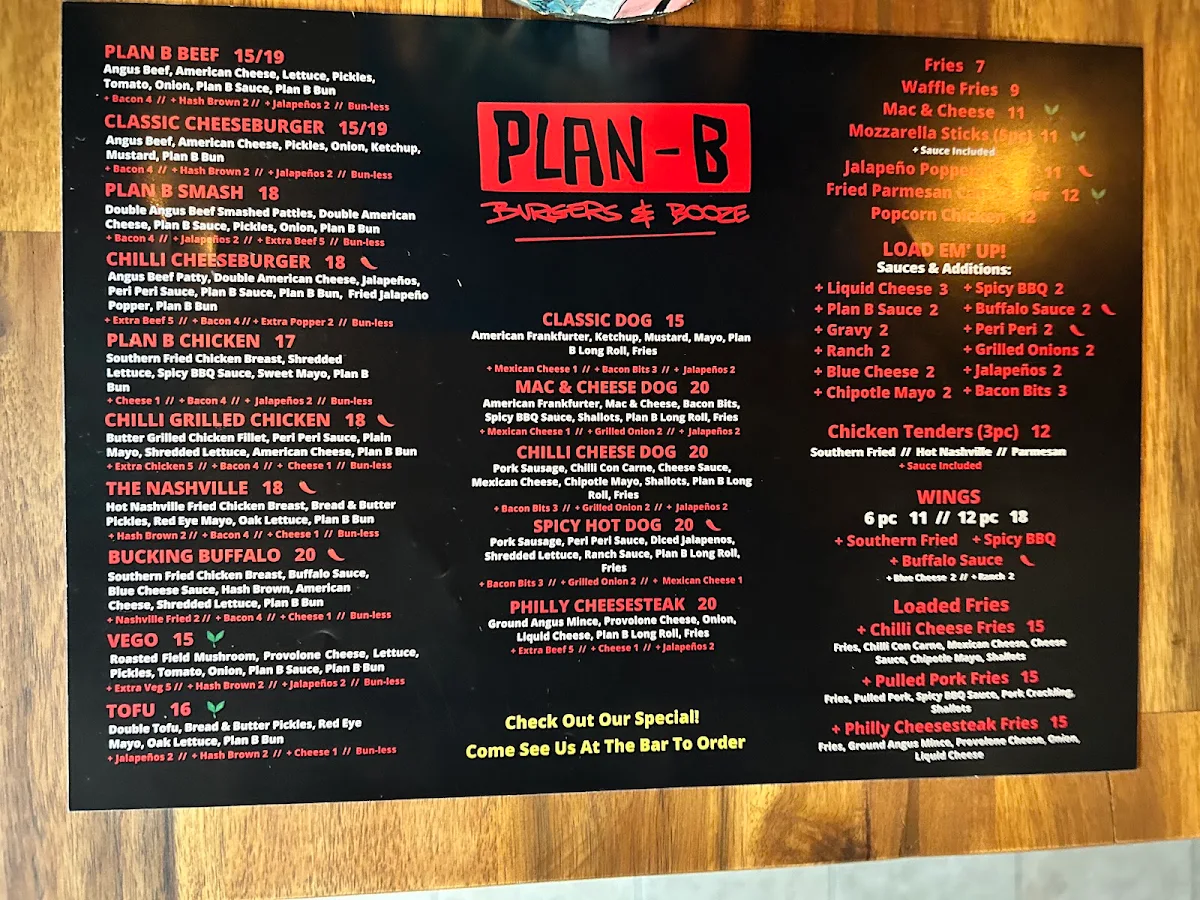 Menu, Plan B Burgers & Booze
