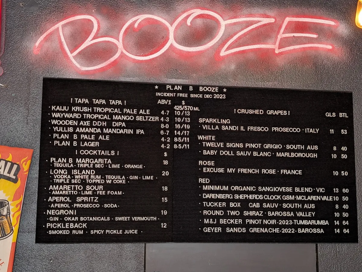Menu, Plan B Burgers & Booze