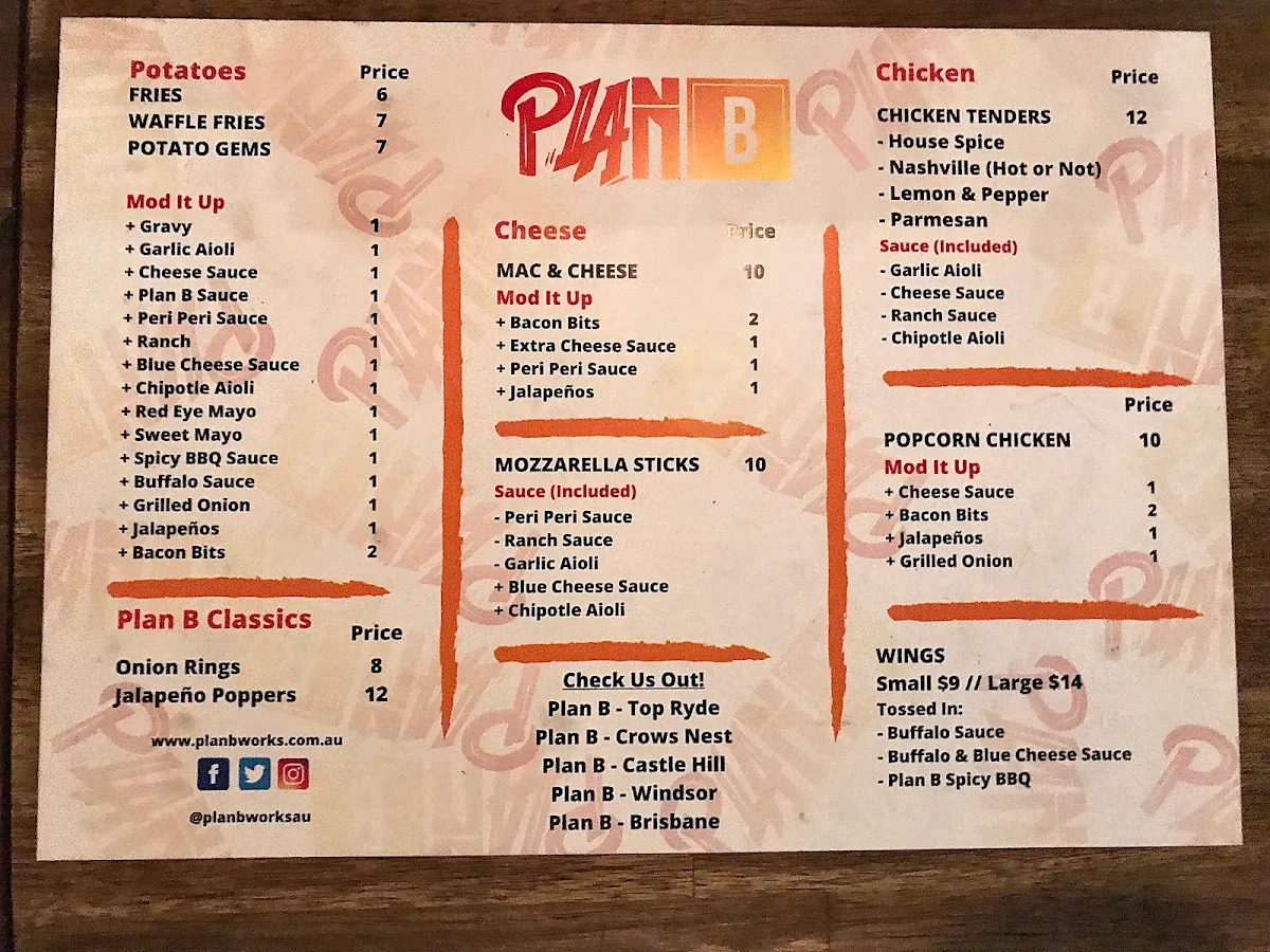 Menu, Plan B Burgers & Booze