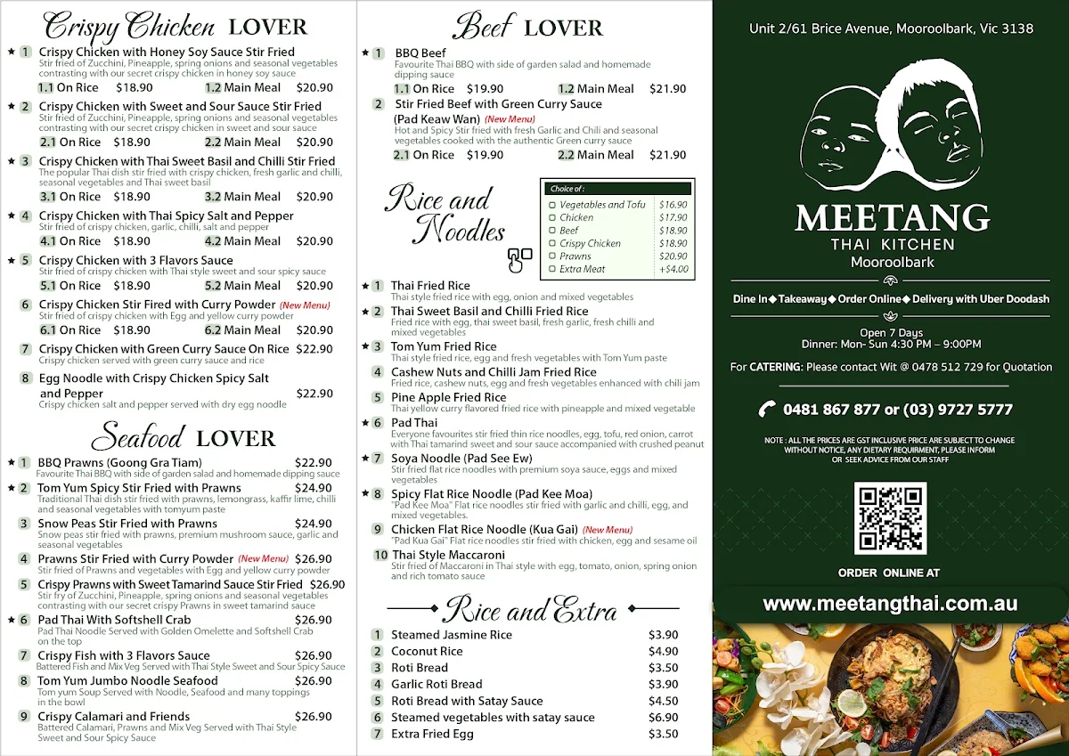 Menu, Meetang Thai Kitchen - Mooroolbark