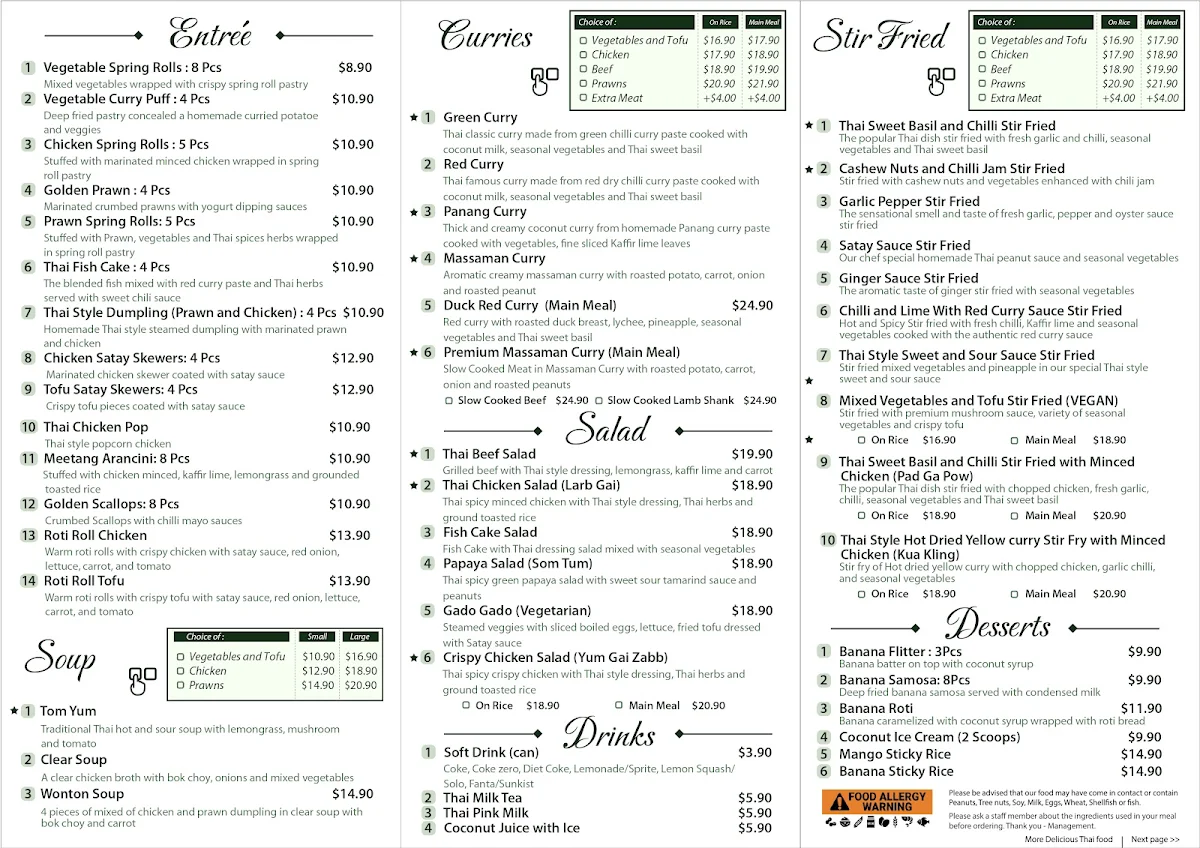 Menu, Meetang Thai Kitchen - Mooroolbark